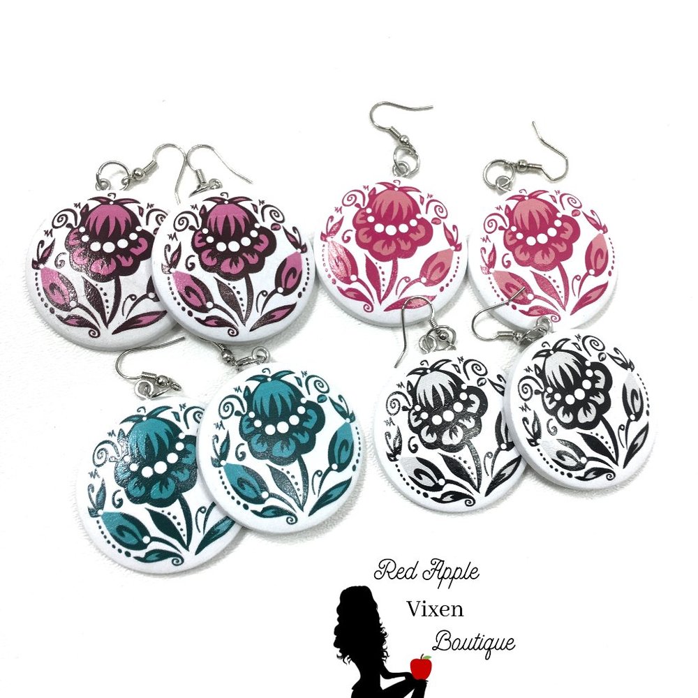 Wood Floral Painted Earrings
